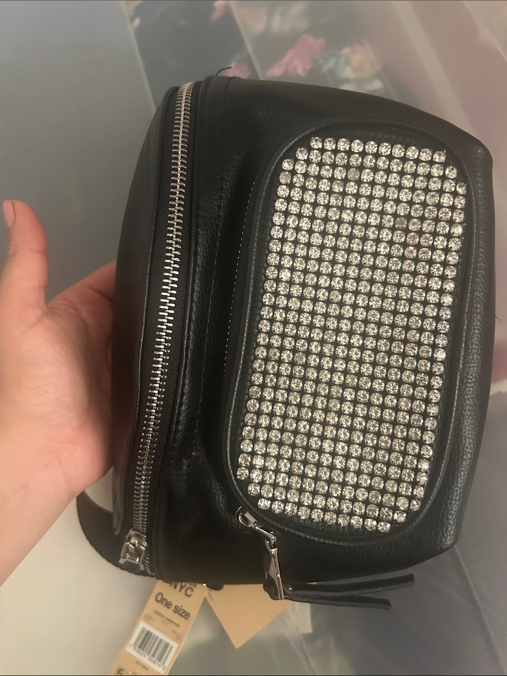 Black Rhinestone Accent Crossbody Belt Bag with Mini Pouch - Picture 3 of 4